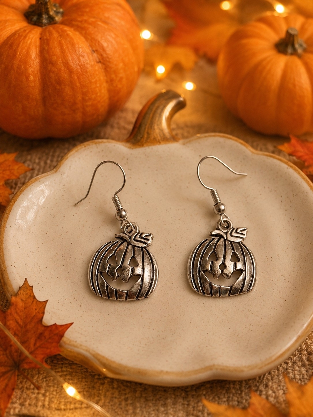 Silver Pumpkin Jack-O'-Lantern Dangle Earrings - New